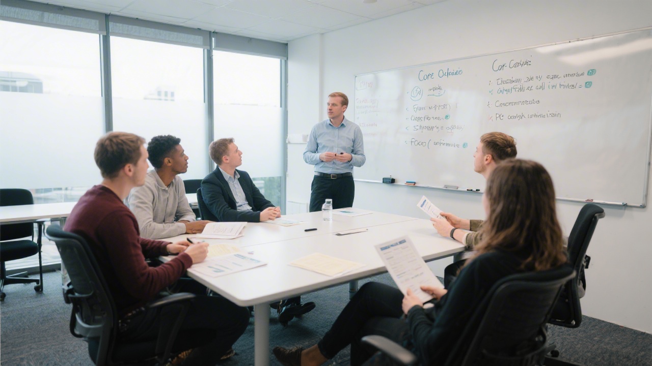 Small group of learners in a modern Dublin training room discussing PPC campaign worksheets, with a facilitator and a whiteboard listing core objectives.
