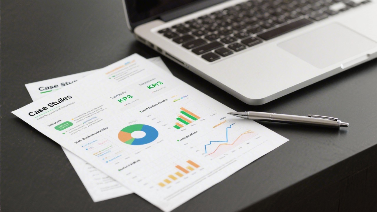Printed case study sheets featuring Irish business sectors, sample KPIs, and market notes, placed beside a laptop with analytics charts and a pen.