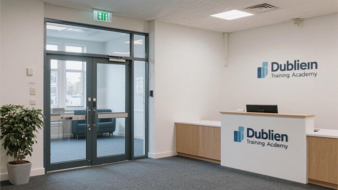 Dublin office entrance with a quiet lobby and reception desk, illustrating a professional training academy location for in-person consultations.