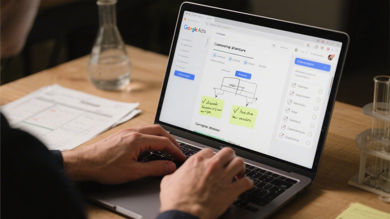 Close-up of hands on a laptop running Google Ads interface with notes on campaign structure, visible checklists and lab worksheets on the desk.