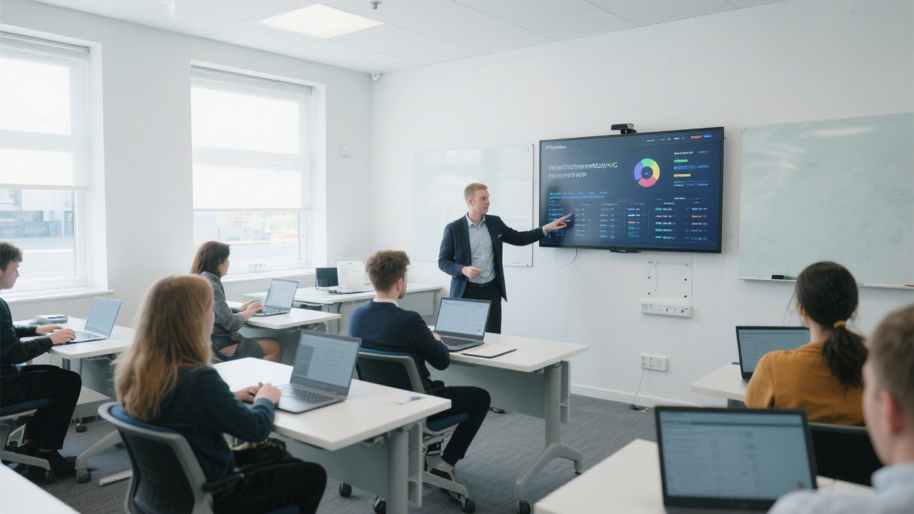 Bright Dublin classroom with students working on laptops, instructor pointing at PPC dashboard on a wall screen, modern desks, and calm daylight in a professional training environment.