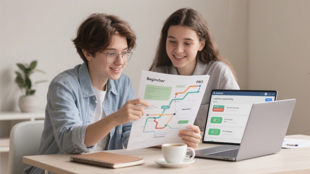 Two students reviewing a printed learning roadmap and laptop screen showing PPC modules, notebooks and coffee on a neutral table, illustrating beginner and pro pathways.