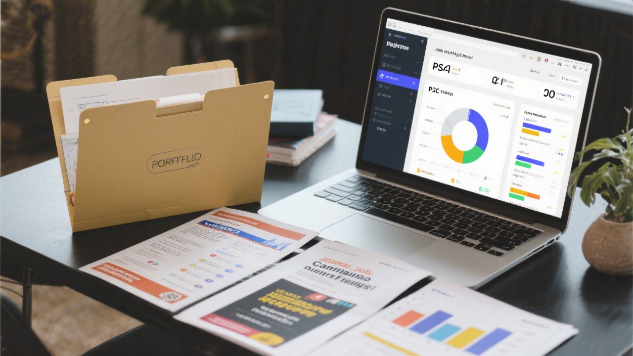 Portfolio folder with campaign plans, printed ad copy samples and charts, next to a laptop showing a PPC dashboard, representing job-ready outcomes.