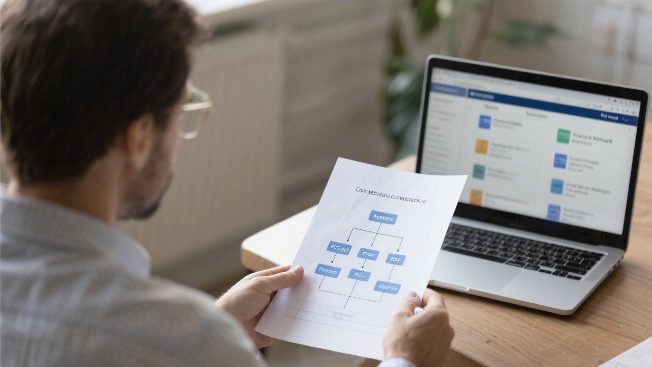 One-to-one PPC consultation session with a trainer reviewing a campaign structure diagram on paper while a laptop shows ad group layout.