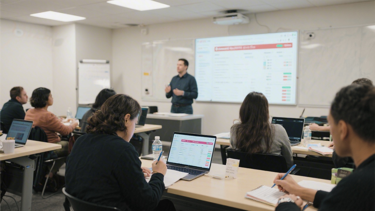 Instructor-led PPC workshop with participants writing campaign notes, laptop screens open to advertising dashboards, and a focused classroom environment.