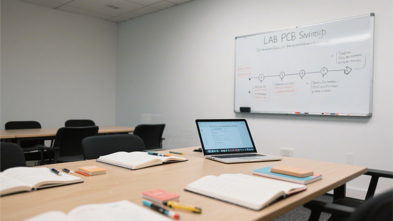 Training workspace showing open notebooks, digital marketing tools on a laptop, and a whiteboard with lab steps, highlighting a hands-on PPC workshop setup.